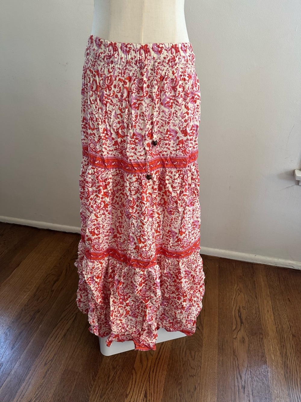 Japna Pink & White Printed Tiered Maxi Skirt